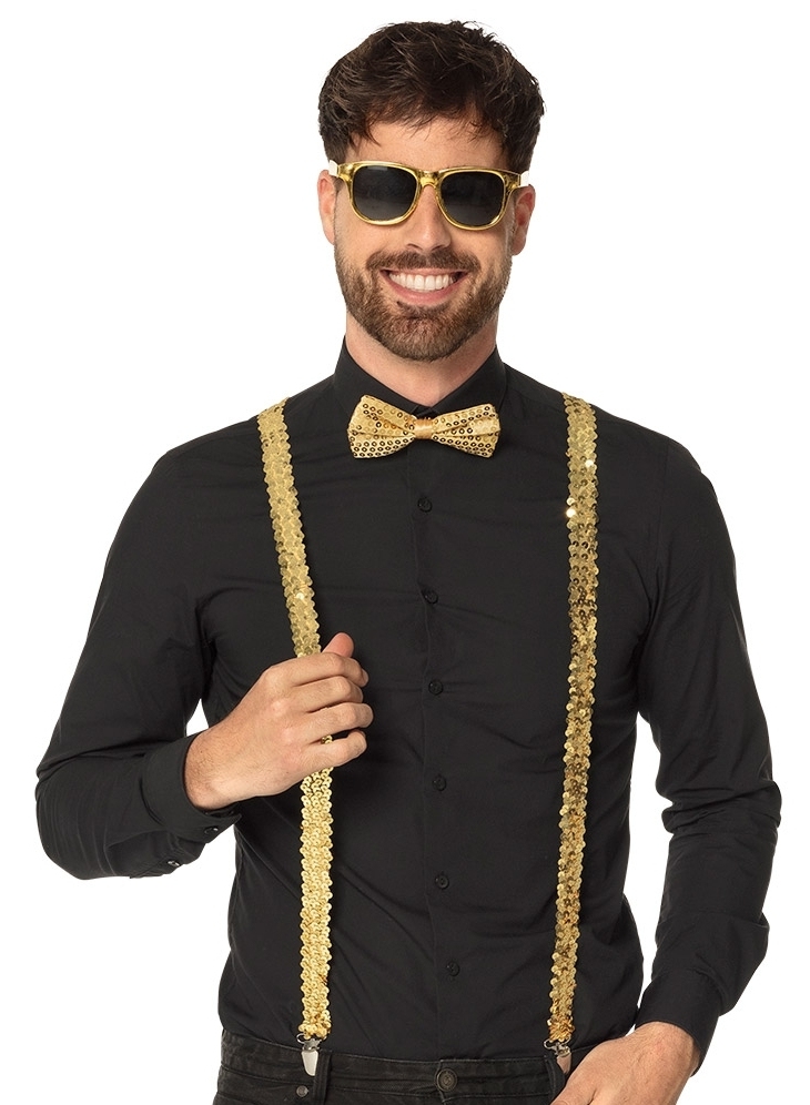 ensemble déguisement danse disco doré (chapeau, bretelles, nœud papillon)  sur papier cartonné