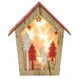 Chaks 10006, Maison lumineuse Noël bois naturel/rouge avec leds 24cm