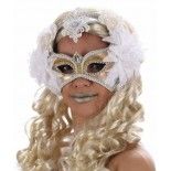 Grand Masque Carnaval de Bahia avec dentelle, Blanc/Or