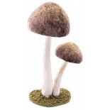 Deux Champignons fins fairy velours pailletés or sur socle, Taupe 25cm