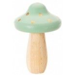 Grand Champignon en bois bicolore naturel et VERT, pois or 15,5 cm