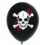 Sachet de 8 ballons noirs Tête de Mort & Roses fuchsia