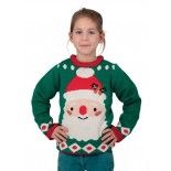 P'TIT Clown re48137, Pull de Noël enfant vert tête de Père Noël, taille 7/9 ans