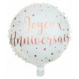 Sachet de 1 ballon Alu Joyeux Anniversaire métallisé Blanc/Rose Gold