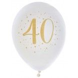 Sachet de 8 ballons Joyeux Anniversaire 40 ans, blanc impression Or