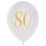 Sachet de 8 ballons Joyeux Anniversaire 80 ans, blanc impression Or