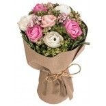Déco Bouquet Fleurettes et Roses dans kraft 14cm, Blanc/Rose