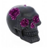 Tête de mort résine noire et paillettes violettes 15cm